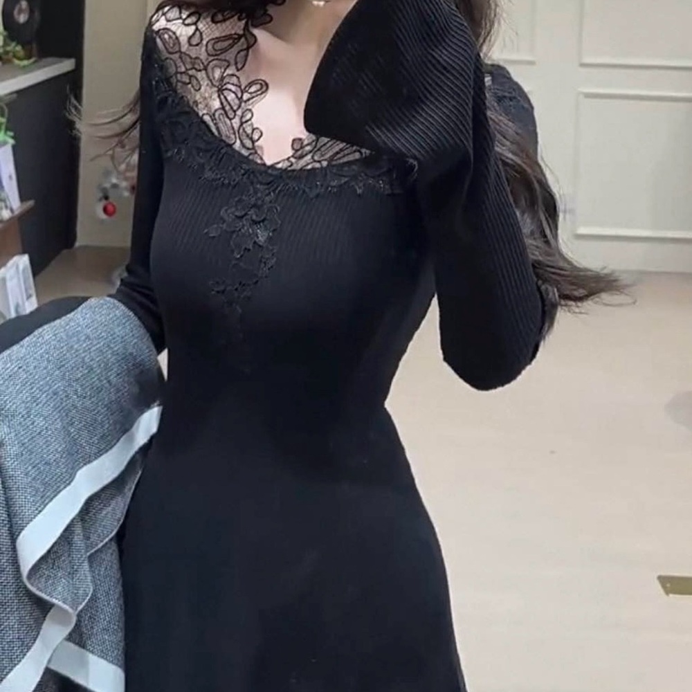 Black Lace-Detail Maxi Dress with Long Sleeves